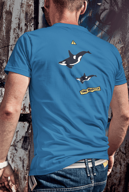 Back of Orca Whale T-shirt. Displayed is two Orca Whales elegantly swimming is unison.  Whale Shirt, Whale T Shirt
