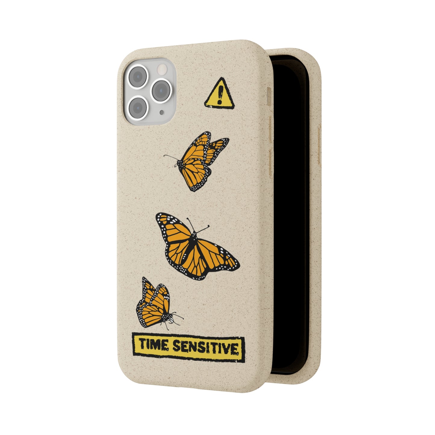 The back of the Monarch Butterfly Phone Case, Tan, The artwork is of three Monarch Butterflies flying.