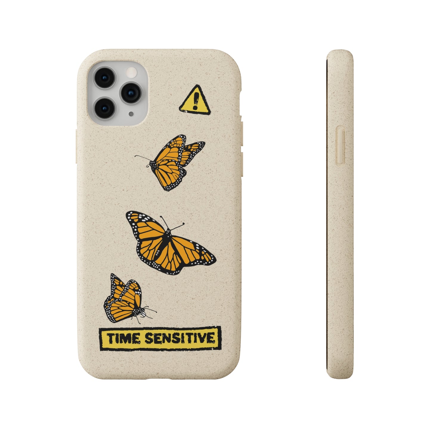 The back and side of the Monarch Butterfly Phone Case, Tan, The artwork is of three Monarch Butterflies flying.
