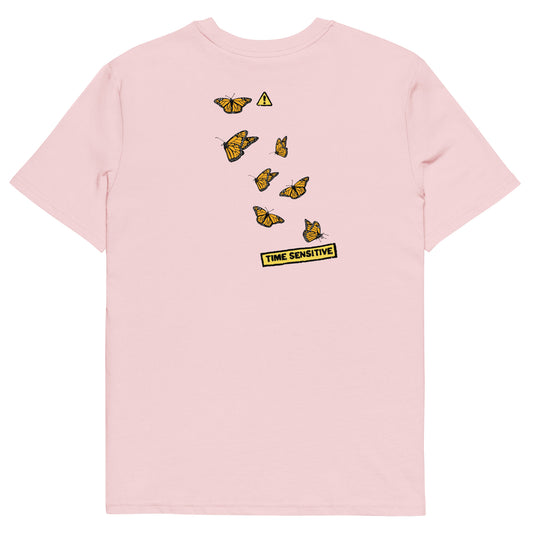 The back of The Monarch Butterfly T Shirt, Cotton Pink, Cluster of Monarch Butterflies artwork. Butterfly Shirt, Butterfly T Shirt