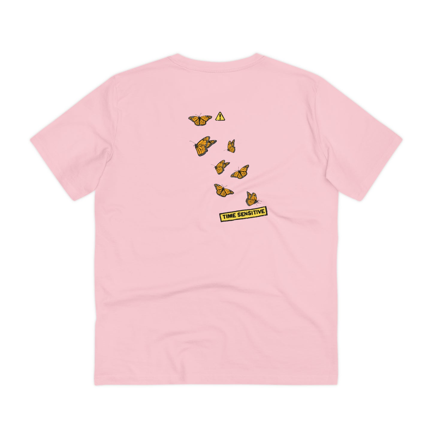 The back of The Monarch Butterfly T Shirt, Cotton Pink, Cluster of Monarch Butterflies artwork. Butterfly Shirt, Butterfly T Shirt