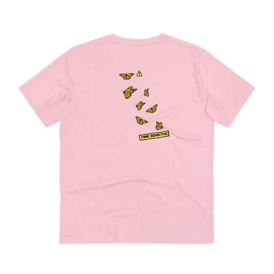 The back of The Monarch Butterfly T Shirt, Cotton Pink, Cluster of Monarch Butterflies artwork. Butterfly Shirt, Butterfly T Shirt