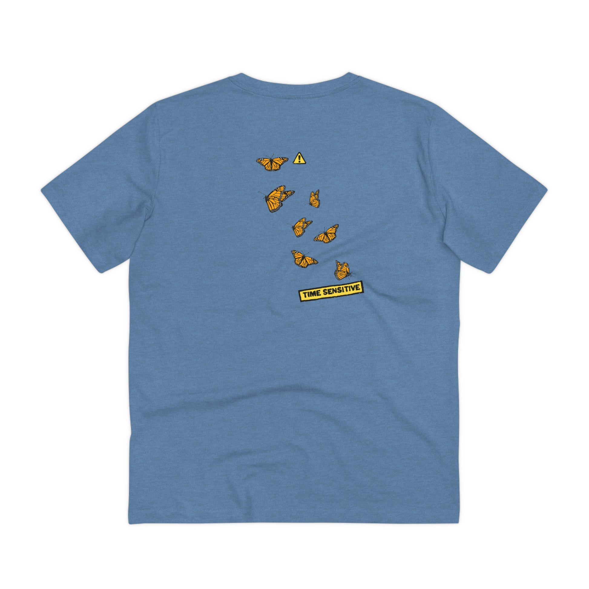 The back of The Monarch Butterfly T Shirt, Mid Heather Blue, Cluster of Monarch Butterflies artwork. Butterfly Shirt, Butterfly T Shirt