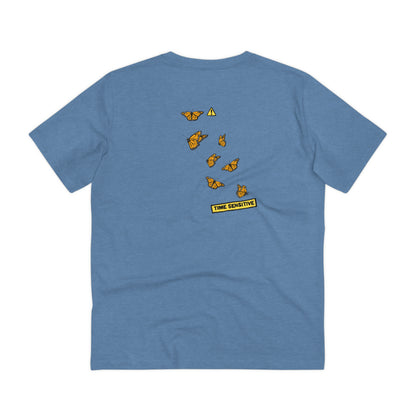 The back of The Monarch Butterfly T Shirt, Mid Heather Blue, Cluster of Monarch Butterflies artwork. Butterfly Shirt, Butterfly T Shirt
