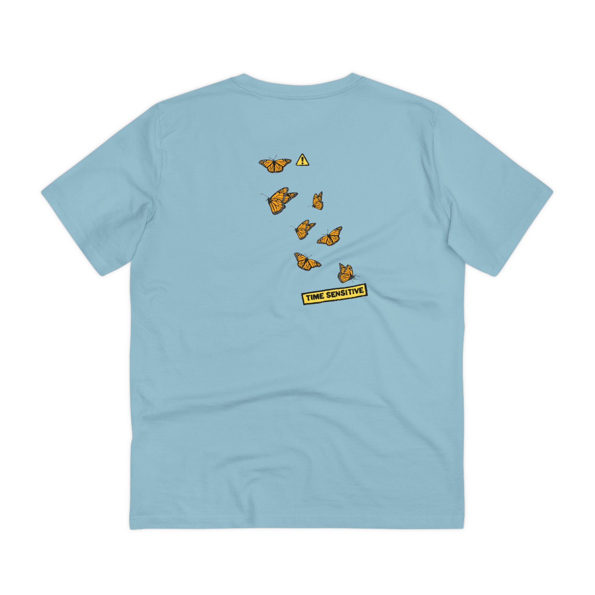 The back of The Monarch Butterfly T Shirt, Sky Blue, Cluster of Monarch Butterflies artwork. Butterfly Shirt, Butterfly T Shirt