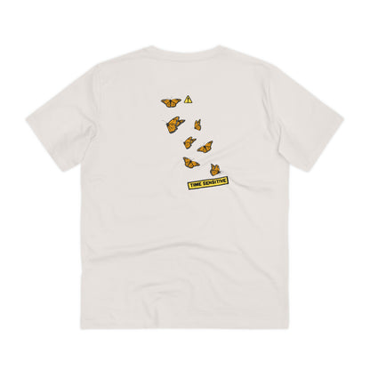 The back of The Monarch Butterfly T Shirt, Vintage White, Cluster of Monarch Butterflies artwork. Butterfly Shirt, Butterfly T Shirt