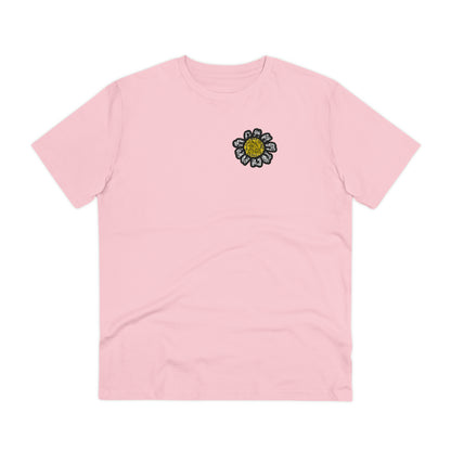 The front of The Monarch Butterfly T Shirt, Cotton Pink, QR code designed as a sunflower. Butterfly Shirt, Butterfly T Shirt