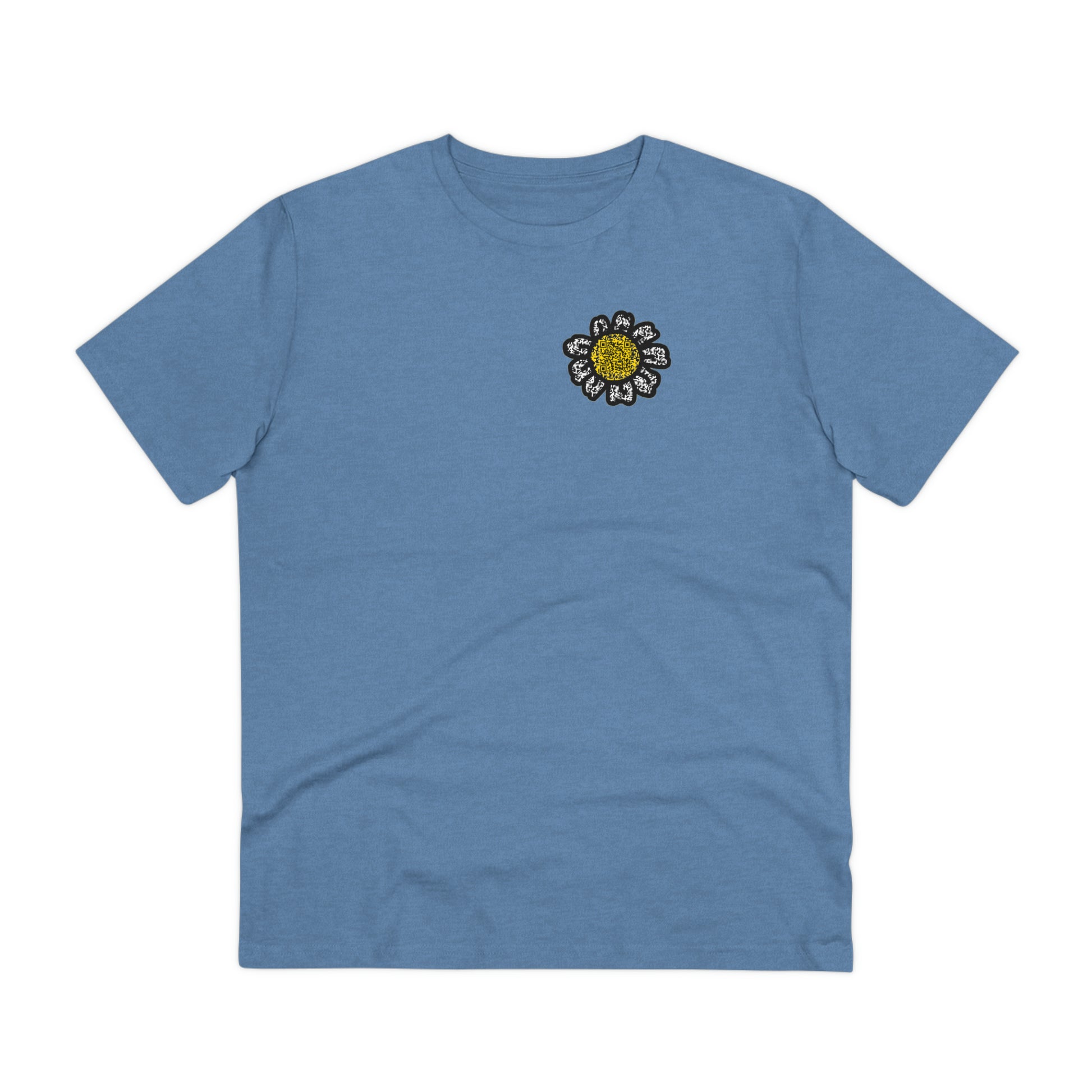 The front of The Monarch Butterfly T Shirt, Mid Heather Blue, QR code designed as a sunflower. Butterfly Shirt, Butterfly T Shirt