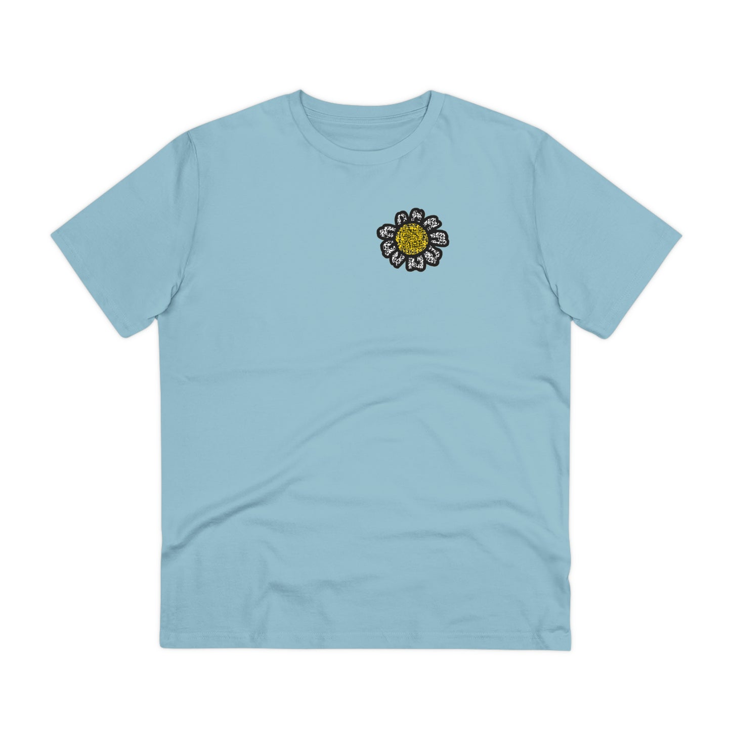 The front of The Monarch Butterfly T Shirt, Sky Blue, QR code designed as a sunflower. Butterfly Shirt, Butterfly T Shirt