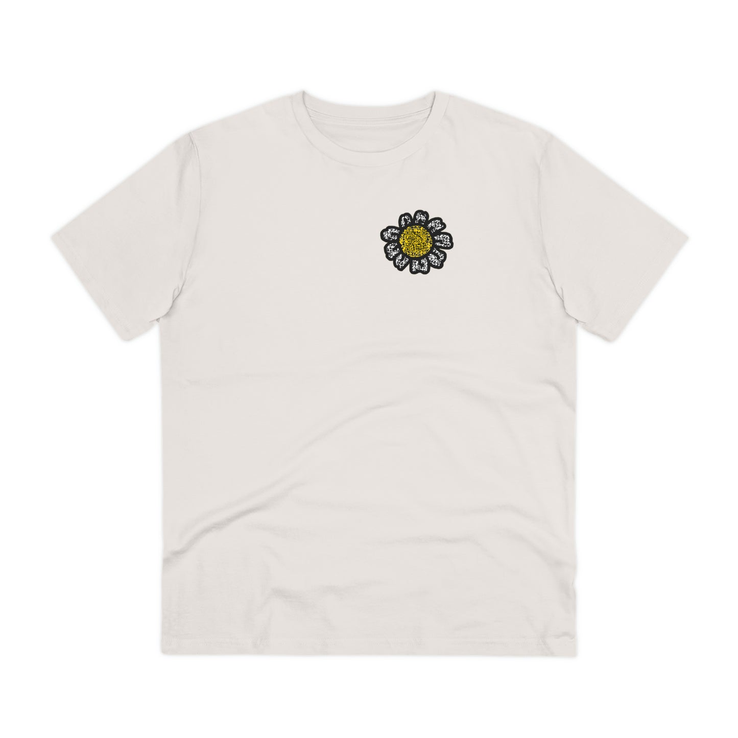 The front of The Monarch Butterfly T Shirt, Vintage White, QR code designed as a sunflower. Butterfly Shirt, Butterfly T Shirt