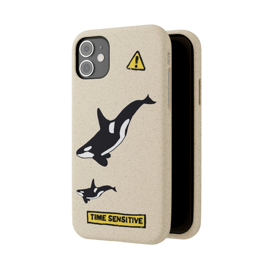 The back of The Orca Whale Phone Case, Tan, The artwork displayed is two Orca Whales swimming.