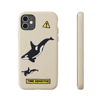 The back and side of The Orca Whale Phone Case, Tan, The artwork displayed is two Orca Whales swimming.