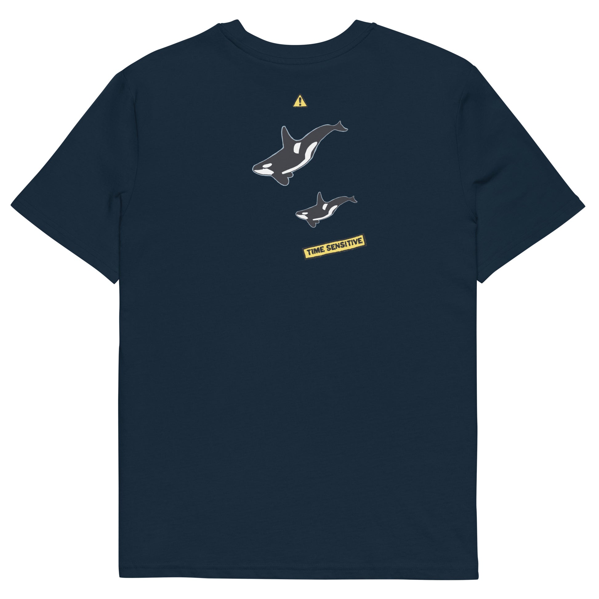 The back of The Orca Whale T Shirt, French Navy, Two Orca Whales artwork. Whale Shirt, Whale T Shirt