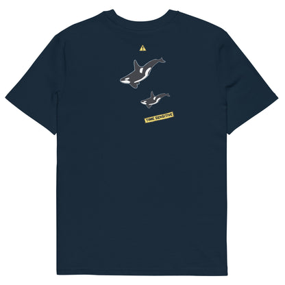 The back of The Orca Whale T Shirt, French Navy, Two Orca Whales artwork. Whale Shirt, Whale T Shirt