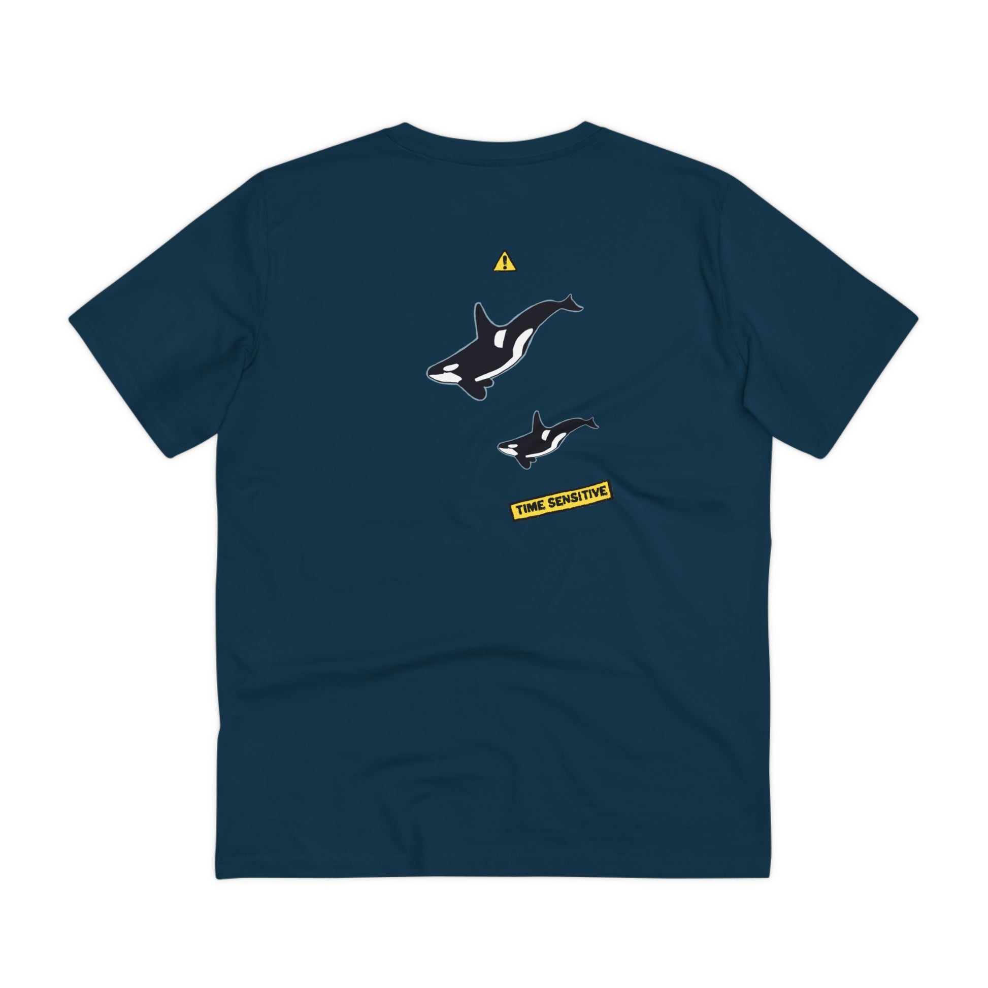 The back of The Orca Whale T Shirt, French Navy, Two Orca Whales artwork. Whale Shirt, Whale T Shirt