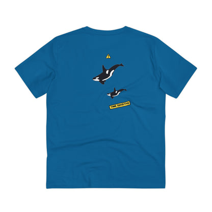 The back of The Orca Whale T Shirt, Royal Blue, Two Orca Whales artwork. Whale Shirt, Whale T Shirt