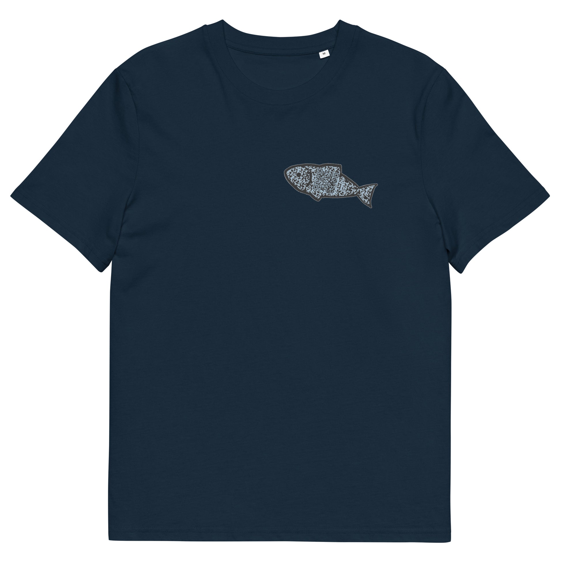 The front of The Orca Whale T Shirt, French Navy, QR code designed as a Minnow. Whale Shirt, Whale T Shirt