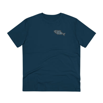 The front of The Orca Whale T Shirt, French Navy, QR code designed as a Minnow. Whale Shirt, Whale T Shirt