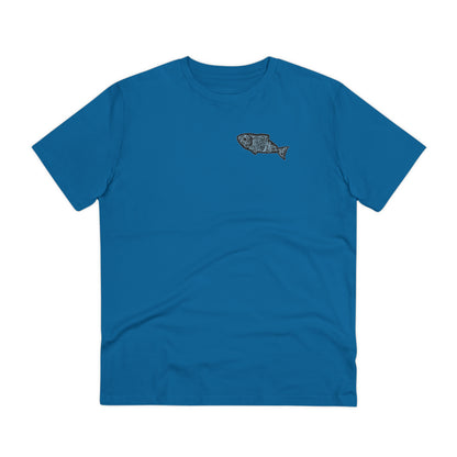 The front of The Orca Whale T Shirt, Royal Blue, QR code designed as a Minnow. Whale Shirt, Whale T Shirt