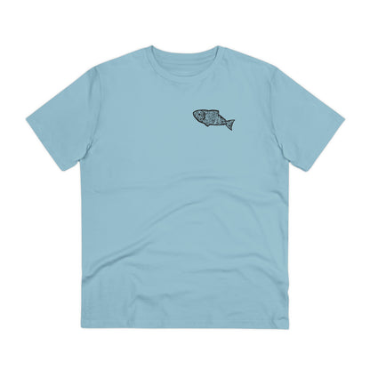 The front of The Orca Whale T Shirt, Sky Blue, QR code designed as a Minnow. Whale Shirt, Whale T Shirt