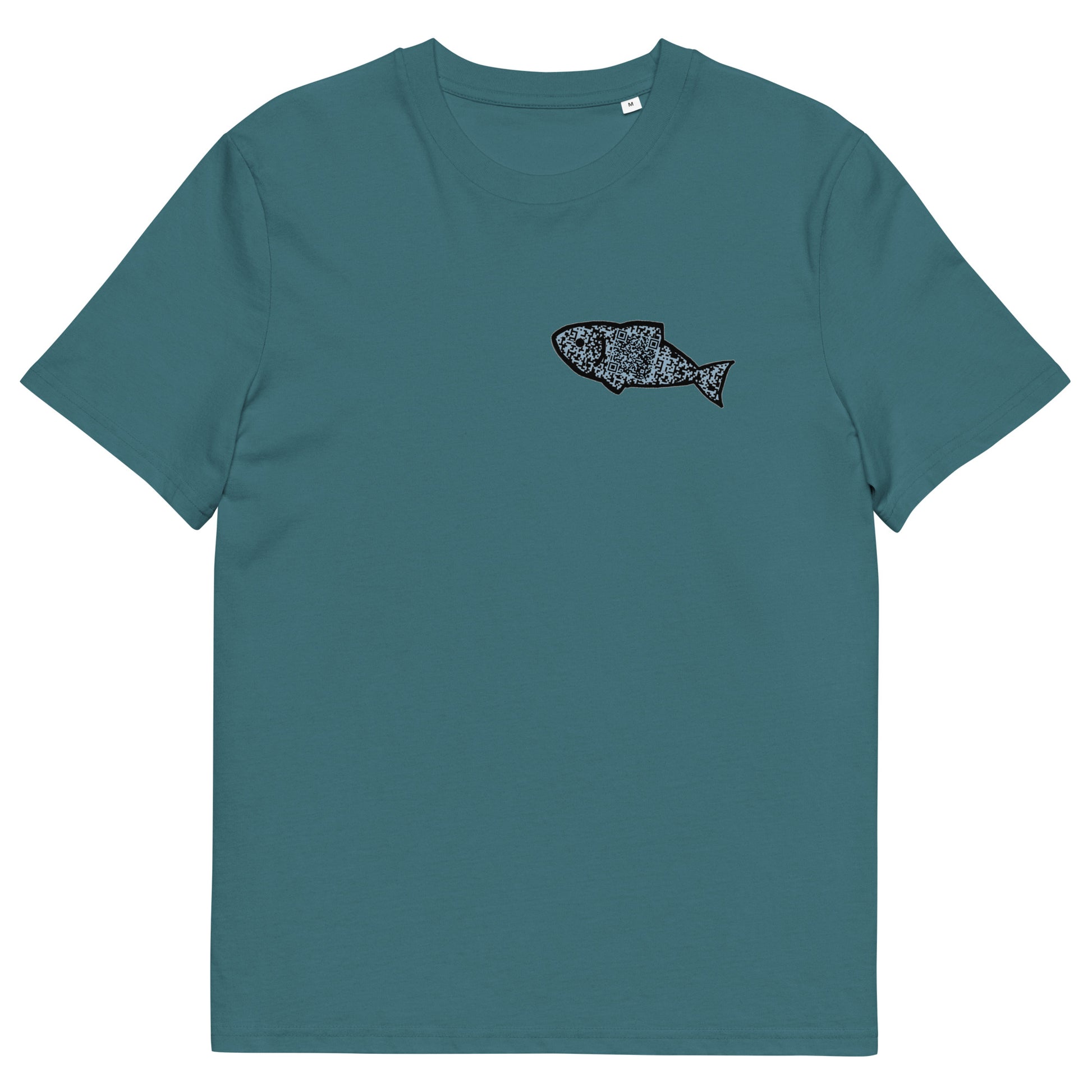 The front of The Orca Whale T Shirt, Stargazer, QR code designed as a Minnow. Whale Shirt, Whale T Shirt