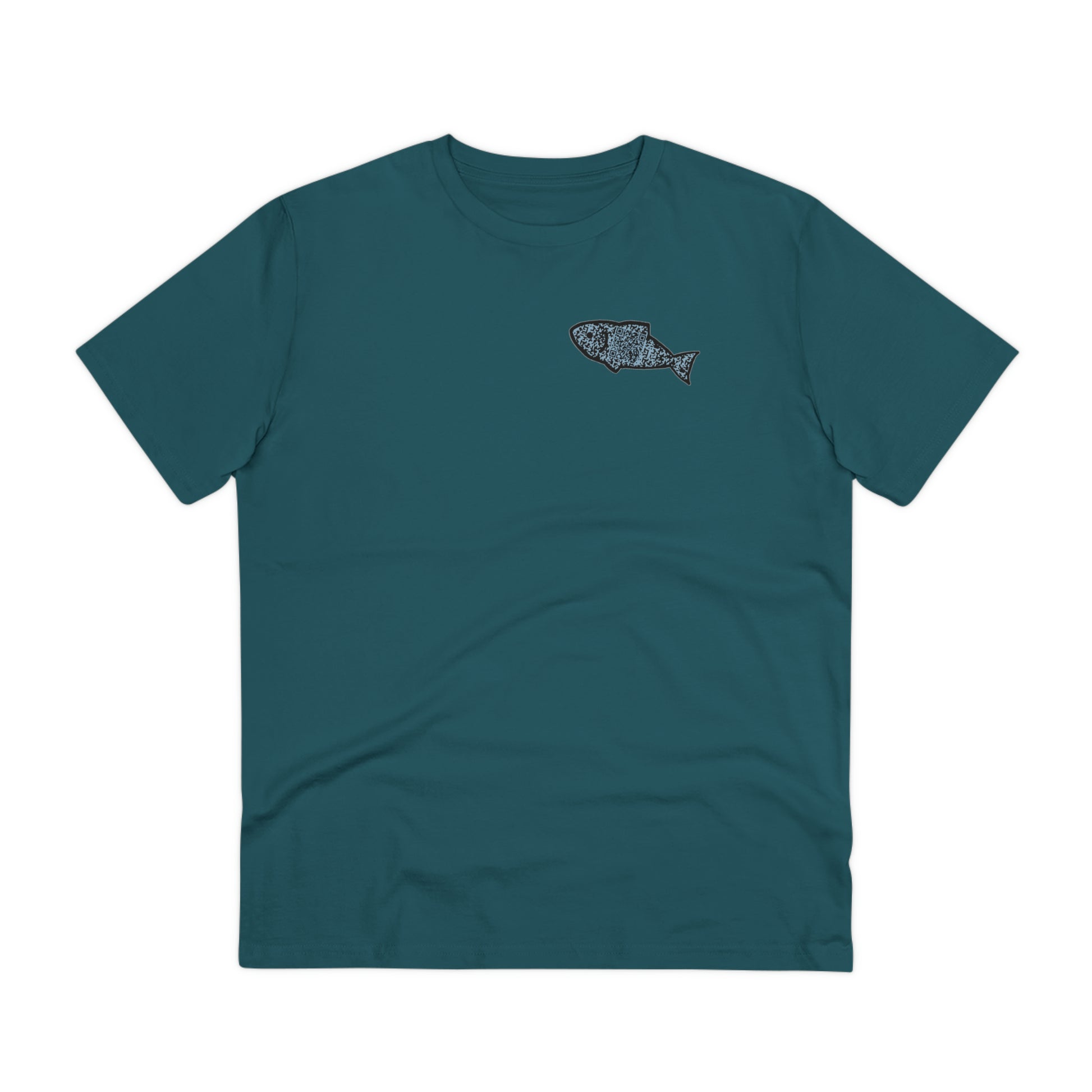 The front of The Orca Whale T Shirt, Stargazer, QR code designed as a Minnow. Whale Shirt, Whale T Shirt