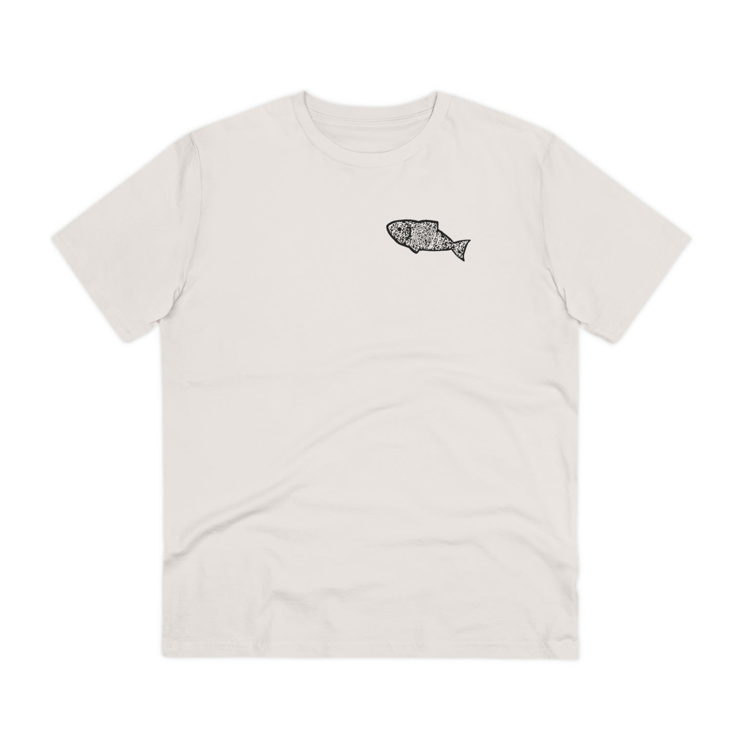 The front of The Orca Whale T Shirt, Vintage White, QR code designed as a Minnow. Whale Shirt, Whale T Shirt