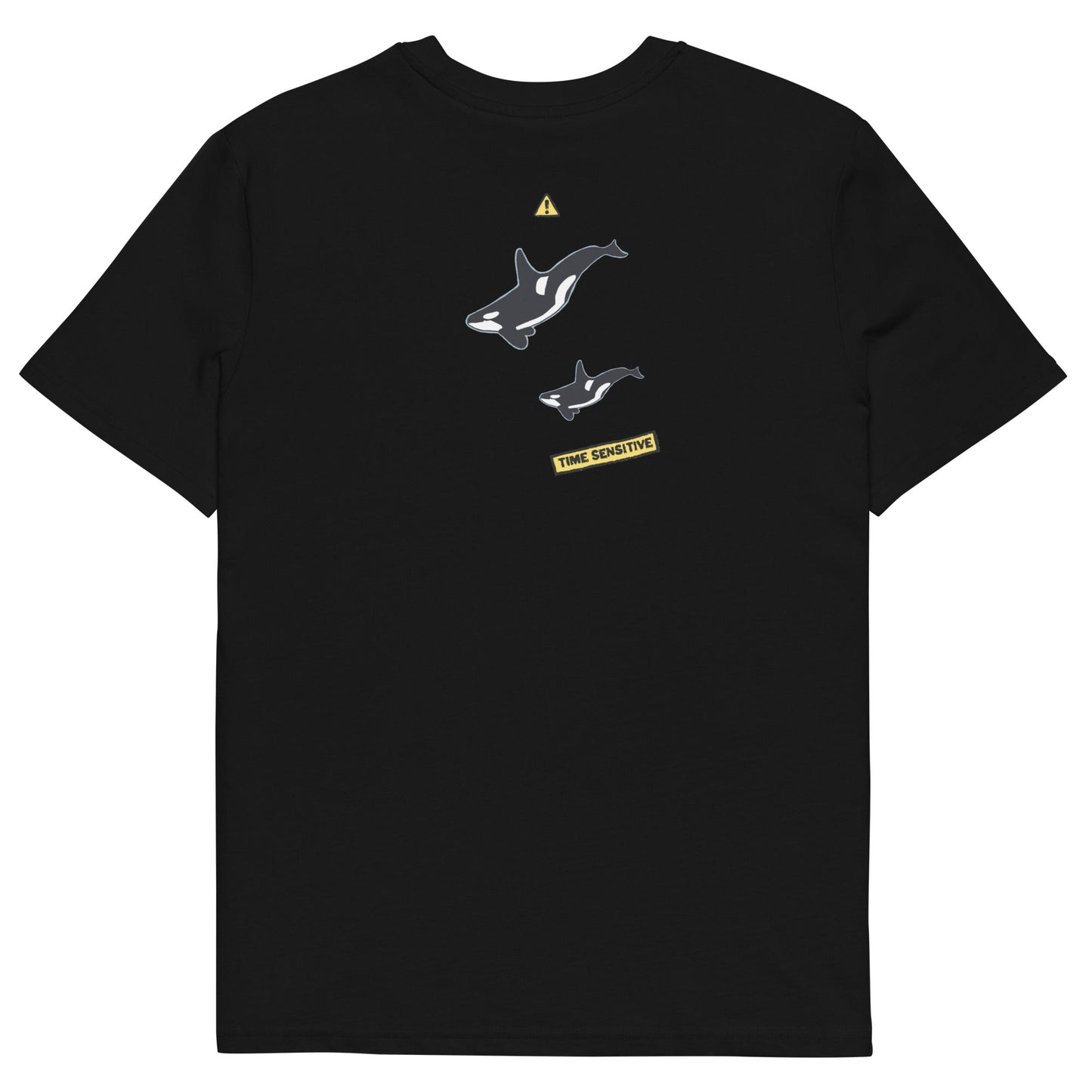 The back of The Orca Whale T Shirt, Black, Two Orca Whales artwork. Whale Shirt, Whale T Shirt