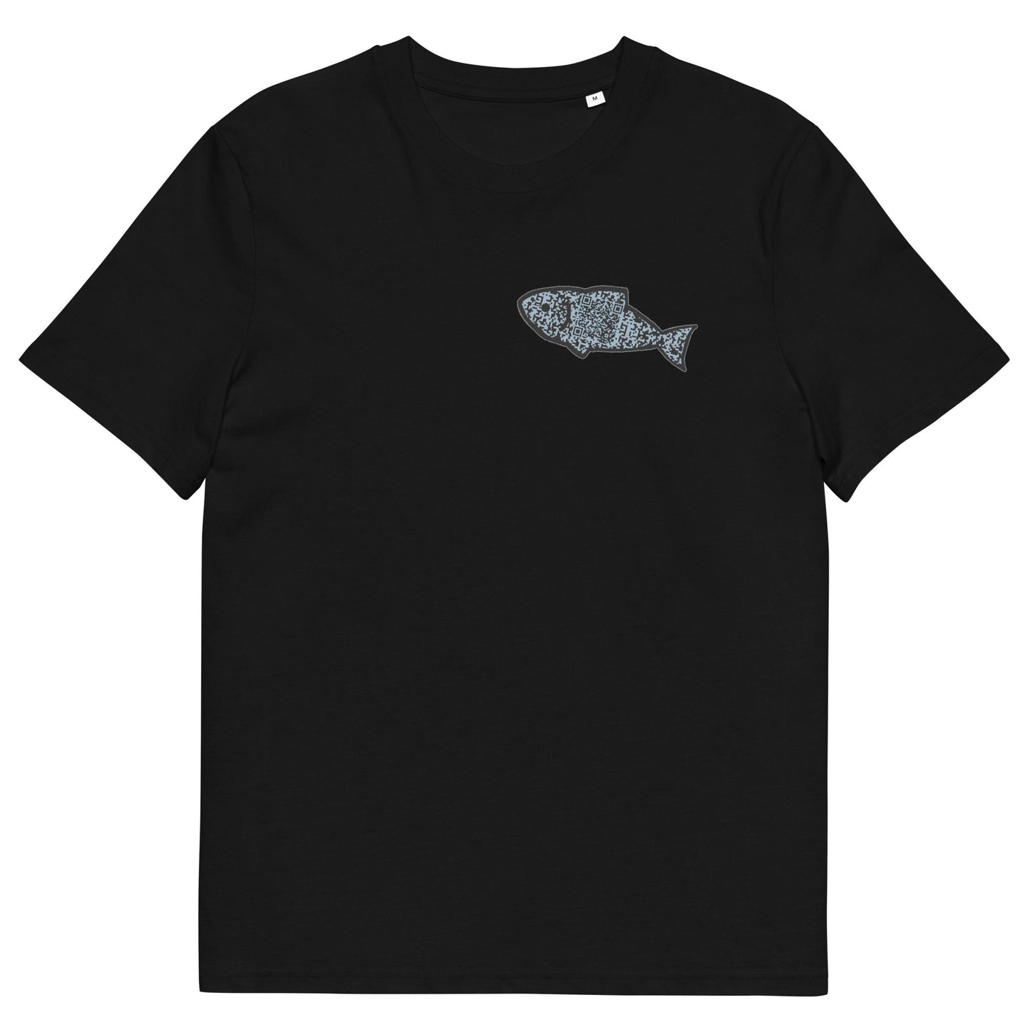 The front of The Orca Whale T Shirt, Black, QR code designed as a Minnow. Whale Shirt, Whale T Shirt