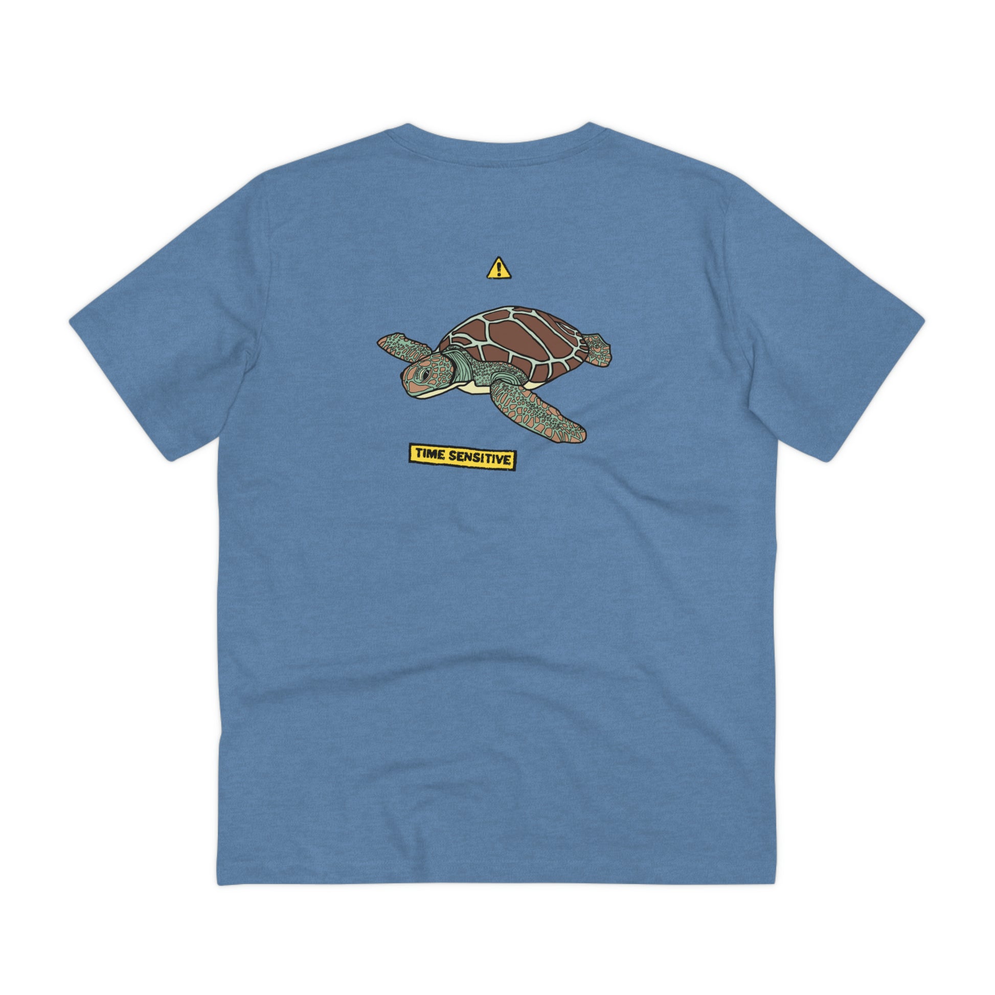 The back of The Sea Turtle T Shirt, Mid Heather Blue, Sea Turtle artwork. Turtle Shirt, Turtle T Shirt