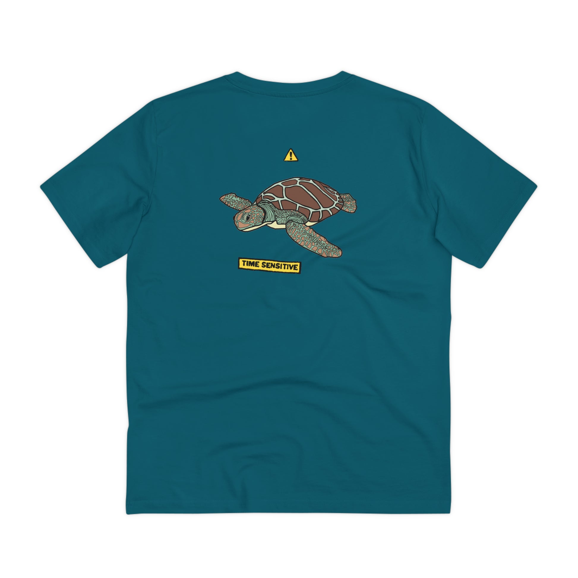 The back of The Sea Turtle T Shirt, Ocean Depth Blue, Sea Turtle artwork. Turtle Shirt, Turtle T Shirt