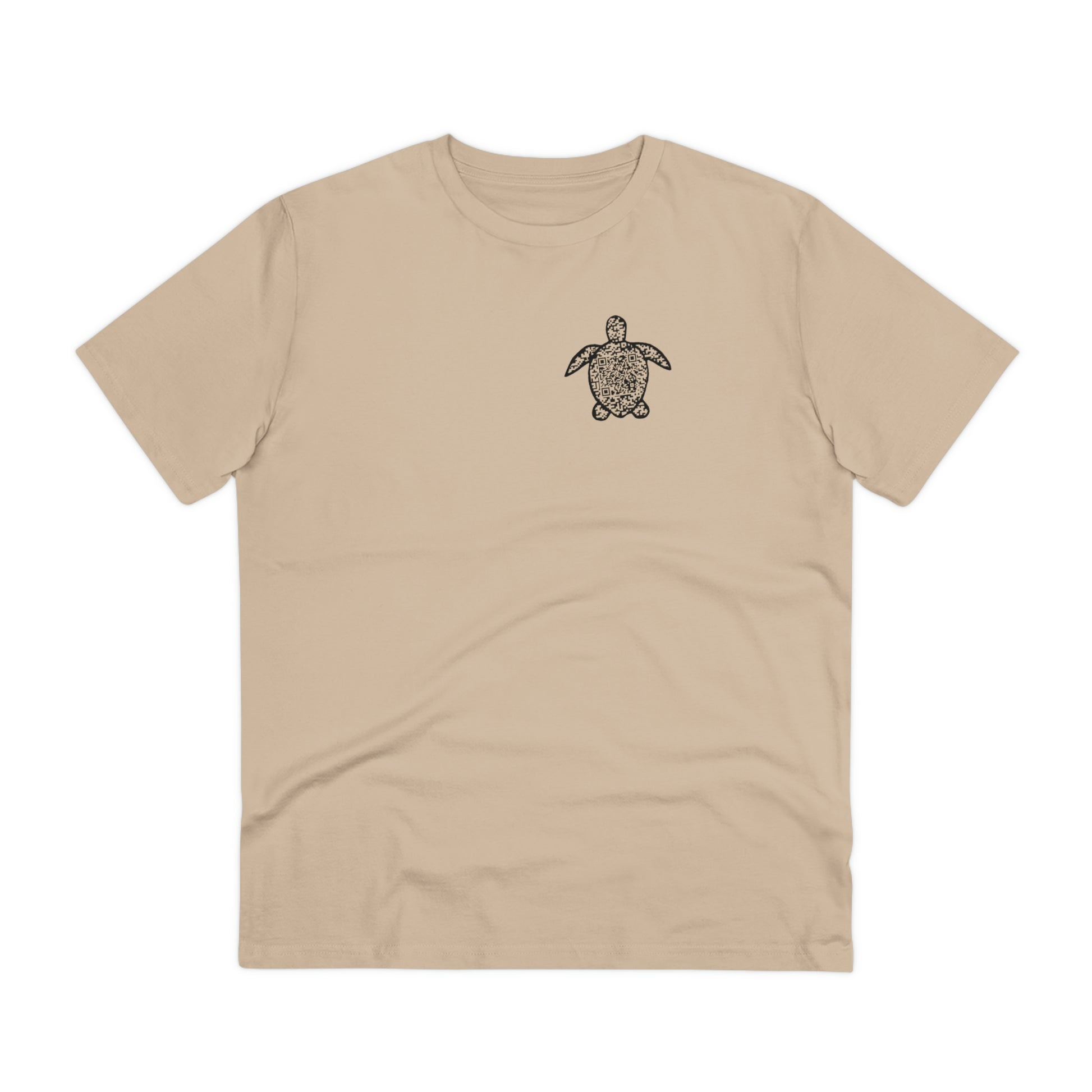 The front of The Sea Turtle T Shirt, Desert Dust, QR code designed with the outline of a Turtle. Turtle Shirt, Turtle T Shirt