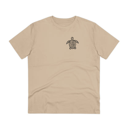 The front of The Sea Turtle T Shirt, Desert Dust, QR code designed with the outline of a Turtle. Turtle Shirt, Turtle T Shirt