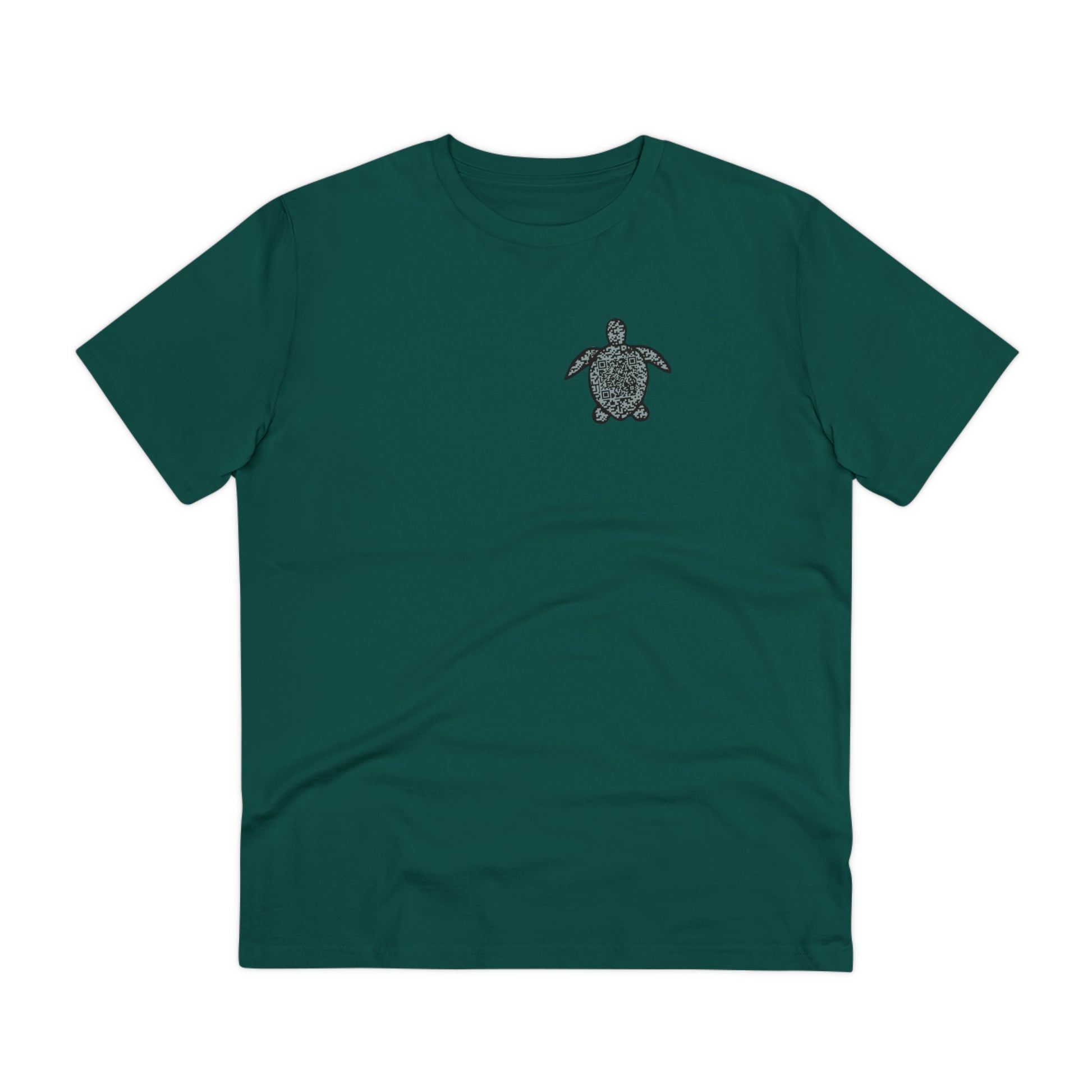 The front of The Sea Turtle T Shirt, Glazed Green, QR code designed with the outline of a Turtle. Turtle Shirt, Turtle T Shirt