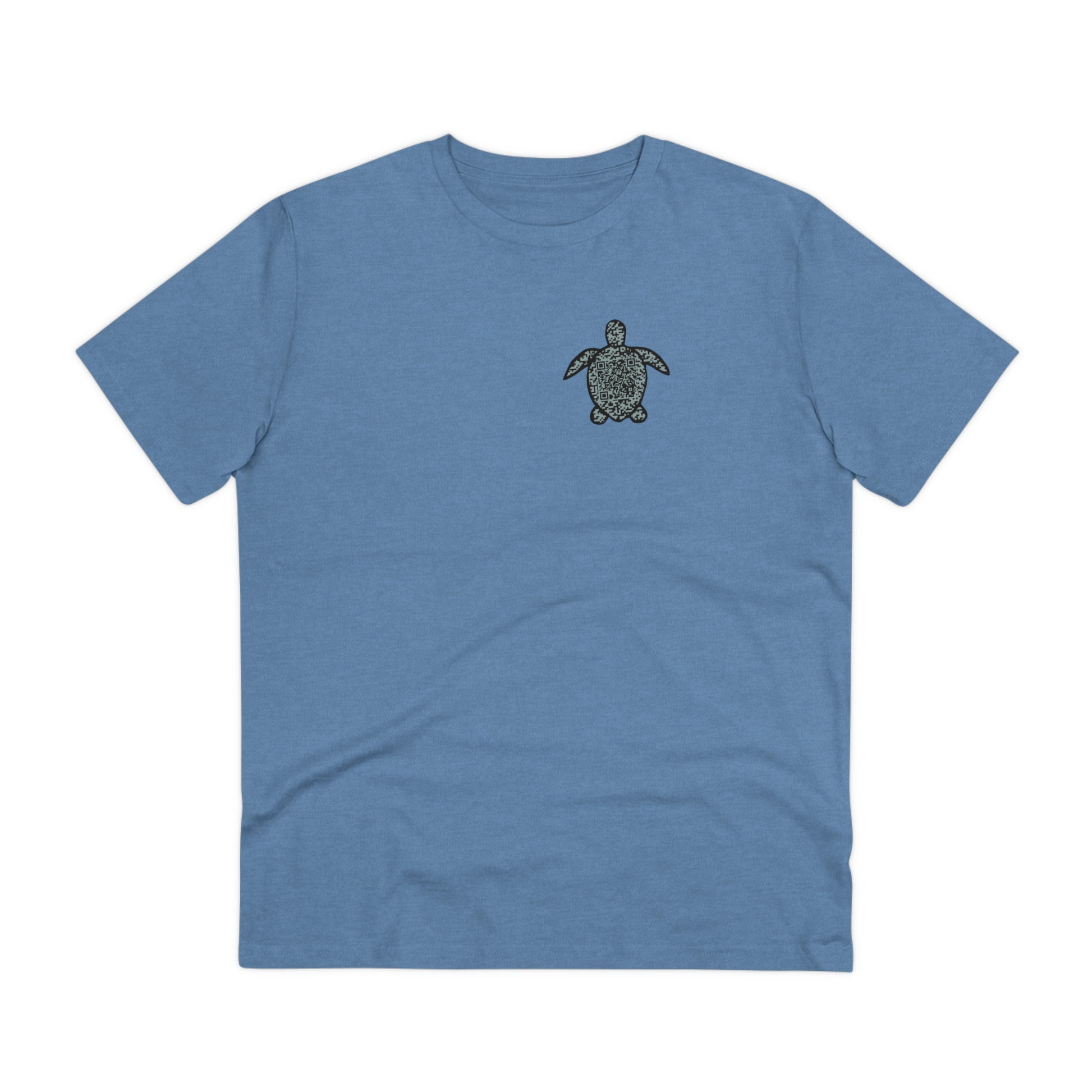 The front of The Sea Turtle T Shirt, Mid Heather Blue, QR code designed with the outline of a Turtle. Turtle Shirt, Turtle T Shirt