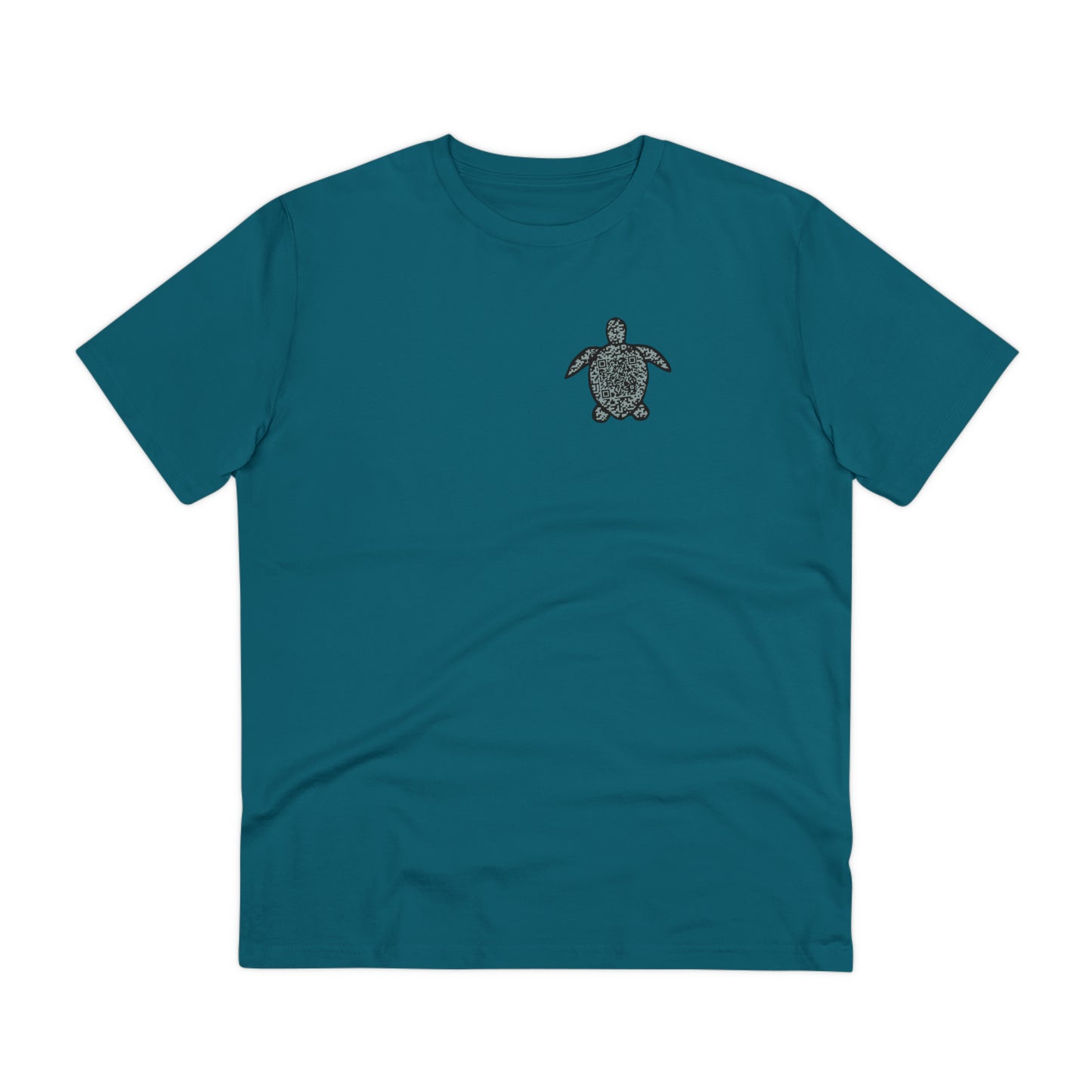 The front of The Sea Turtle T Shirt, Ocean Depth Blue, QR code designed with the outline of a Turtle. Turtle Shirt, Turtle T Shirt