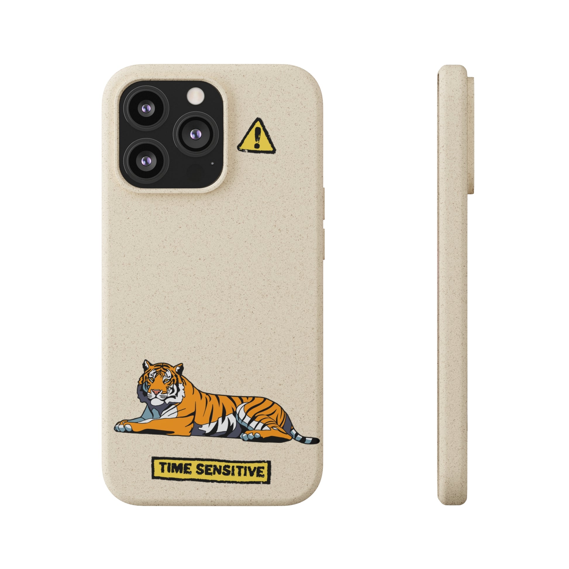 The back and side of The Tiger Phone Case, Tan, The artwork displayed is a Tiger laying down.