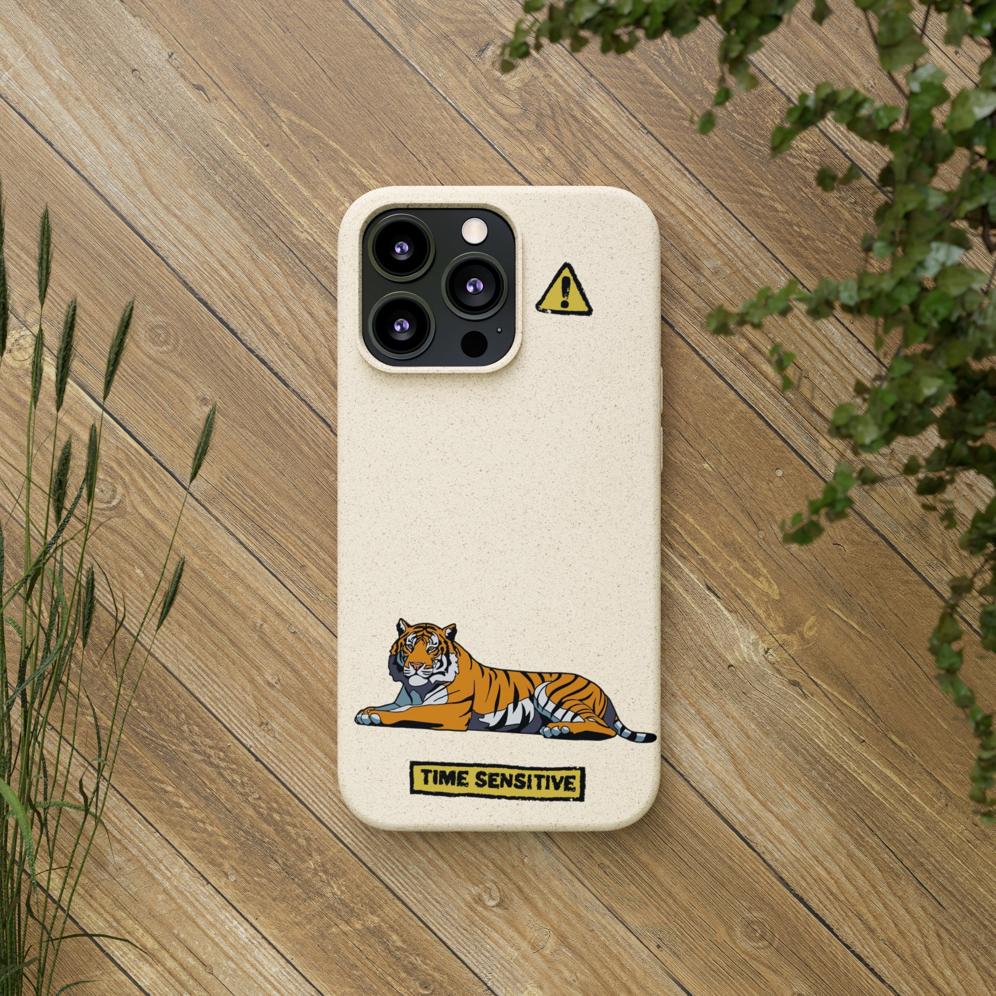 The back of The Tiger Phone Case, Tan, The artwork displayed is a Tiger laying down.