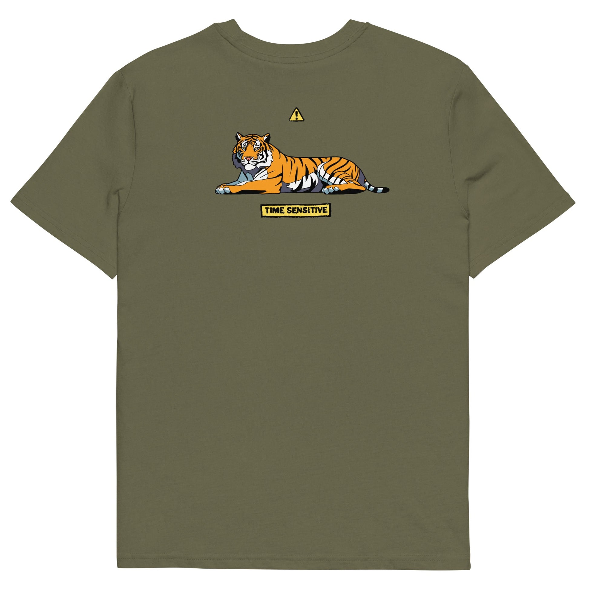 The back of The Tiger T Shirt, Khaki, Tiger artwork. Tiger Shirt, Tiger T Shirt