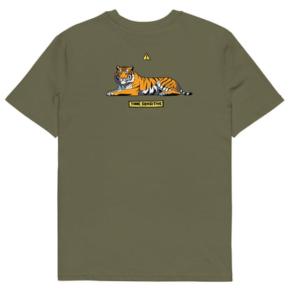 The back of The Tiger T Shirt, Khaki, Tiger artwork. Tiger Shirt, Tiger T Shirt