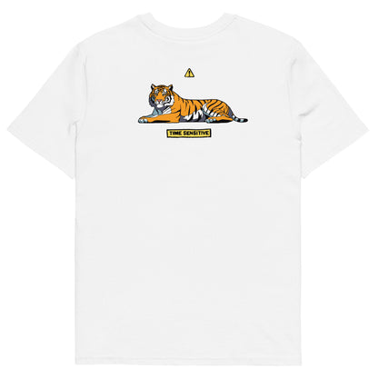 The back of The Tiger T Shirt, White, Tiger artwork. Tiger Shirt, Tiger T Shirt