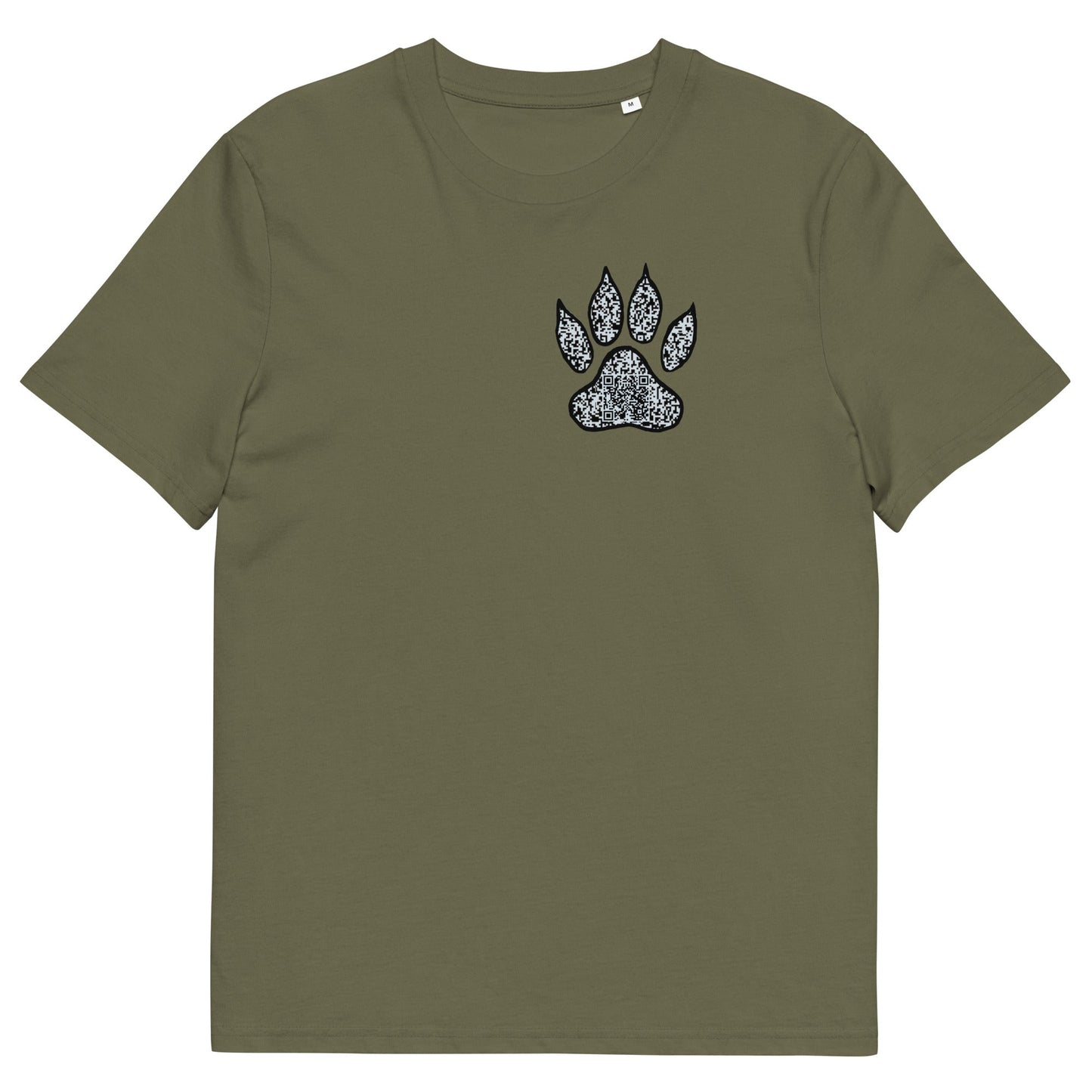 The front of The Tiger T Shirt, Khaki, QR code designed as a Tiger paw print. Tiger Shirt, Tiger T Shirt