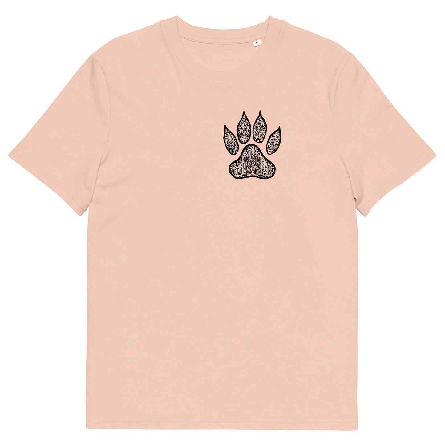 The front of The Tiger T Shirt, Peach, QR code designed as a Tiger paw print. Tiger Shirt, Tiger T Shirt