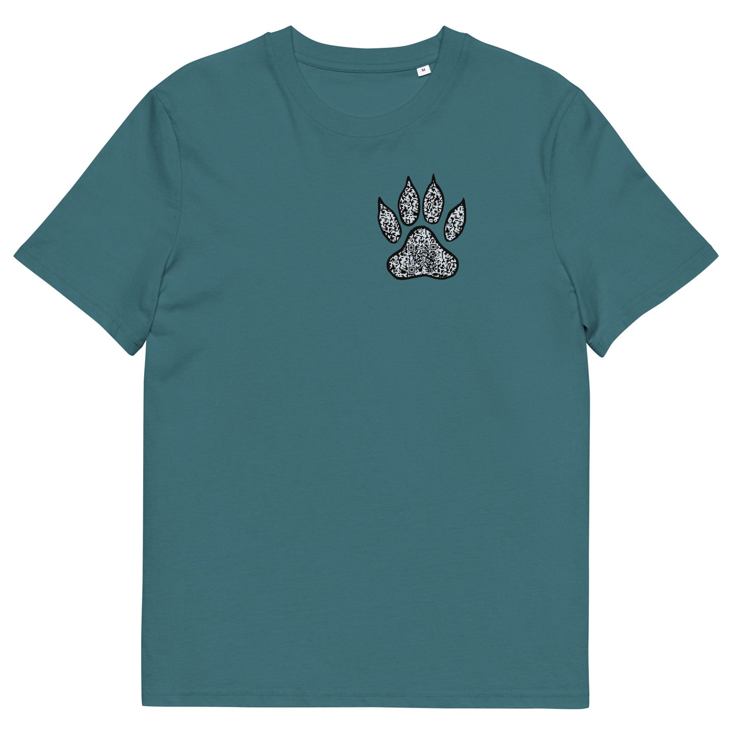 The front of The Tiger T Shirt, Stargazer, QR code designed as a Tiger paw print. Tiger Shirt, Tiger T Shirt